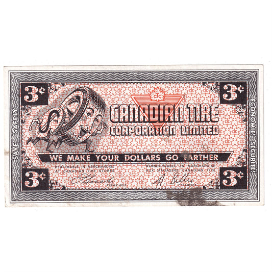 G2-C1 1962 Canadian Tire Coupon 3 Cents Almost Uncirculated (Stain)