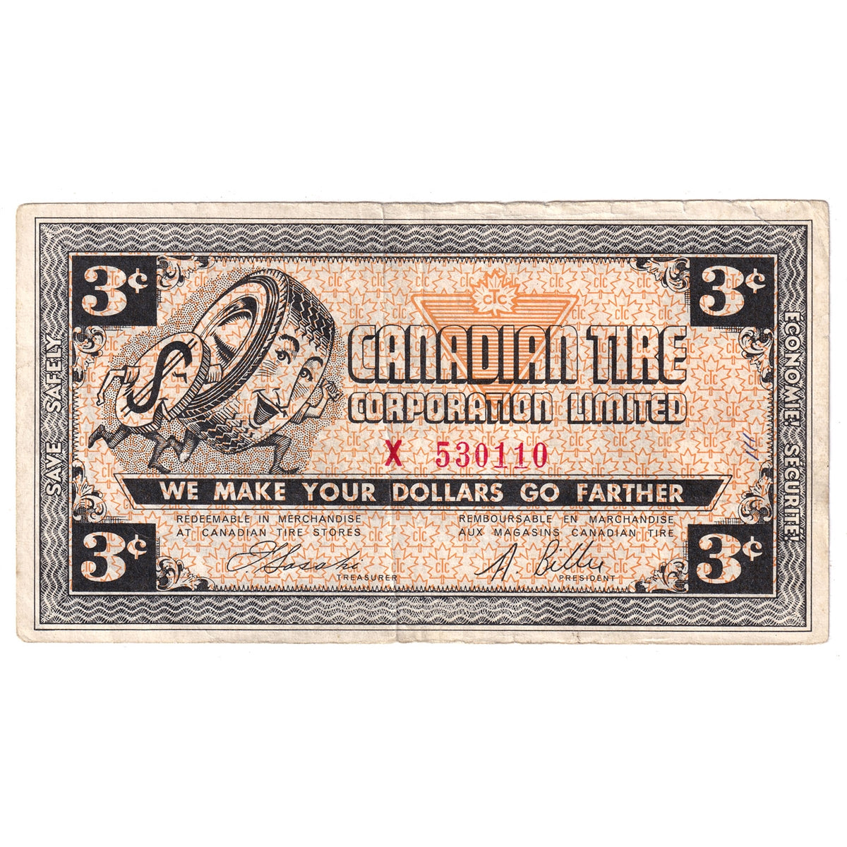 G2-C-X 1962 Canadian Tire Coupon 3 Cents VF-EF (Tear and Ink)