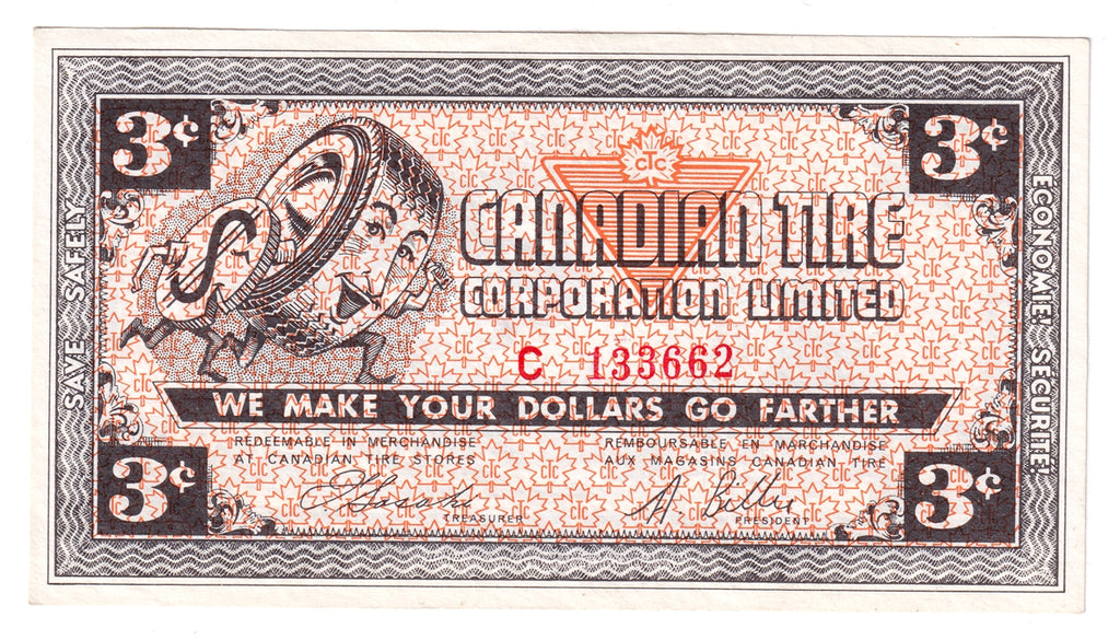 G2-C-C1 Mor Power 1962 Canadian Tire Coupon 3 Cents Almost Uncirculated