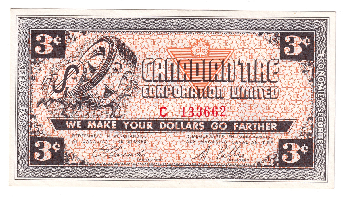G2-C-C1 Mor Power 1962 Canadian Tire Coupon 3 Cents Almost Uncirculated