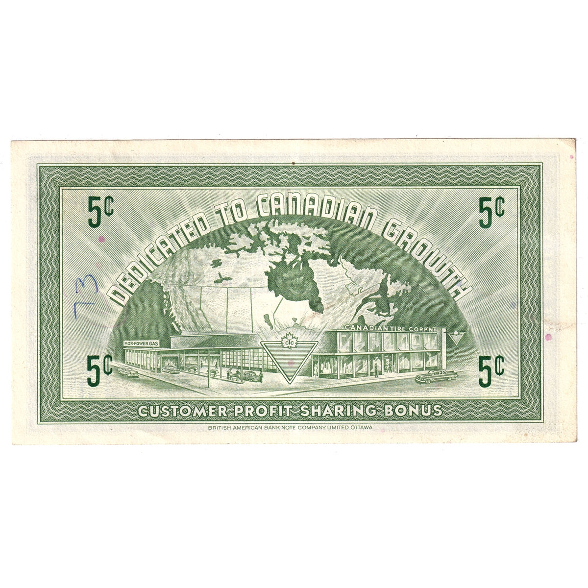 G7-A-A1 1972 Canadian Tire Coupon 5 Cents Almost Uncirculated (Ink)