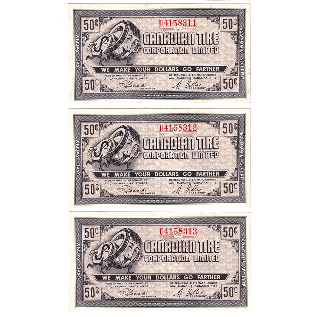 G8-D-U2 1978 Canadian Tire Coupon 50 Cents Almost Uncirculated (3 Notes)