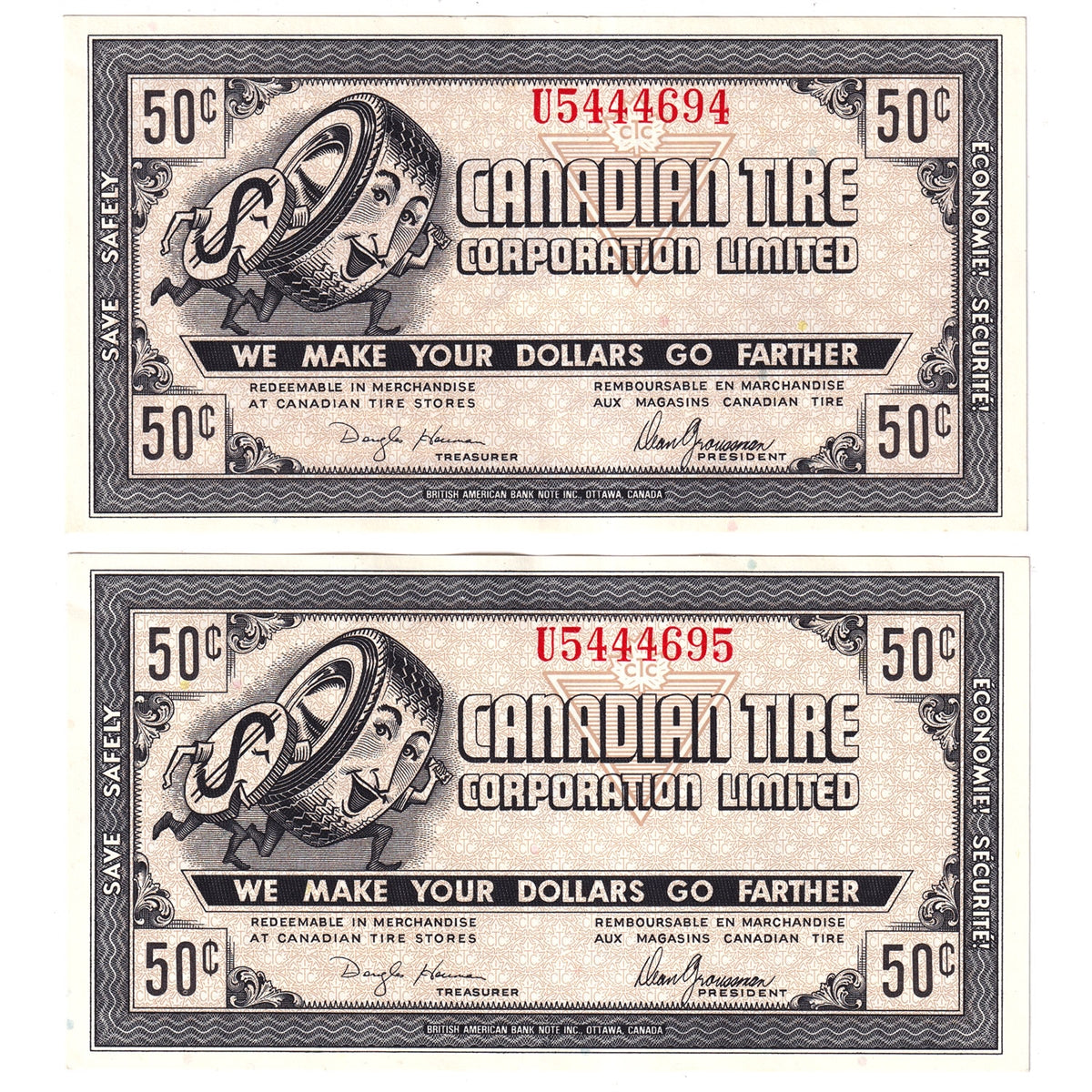 G9-D-U 1985 Canadian Tire Coupon 50 Cents Uncirculated (2 Notes)