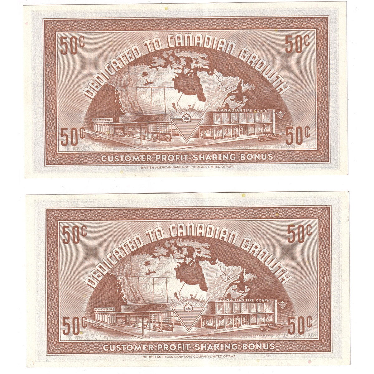 G9-D-U 1985 Canadian Tire Coupon 50 Cents Uncirculated (2 Notes)