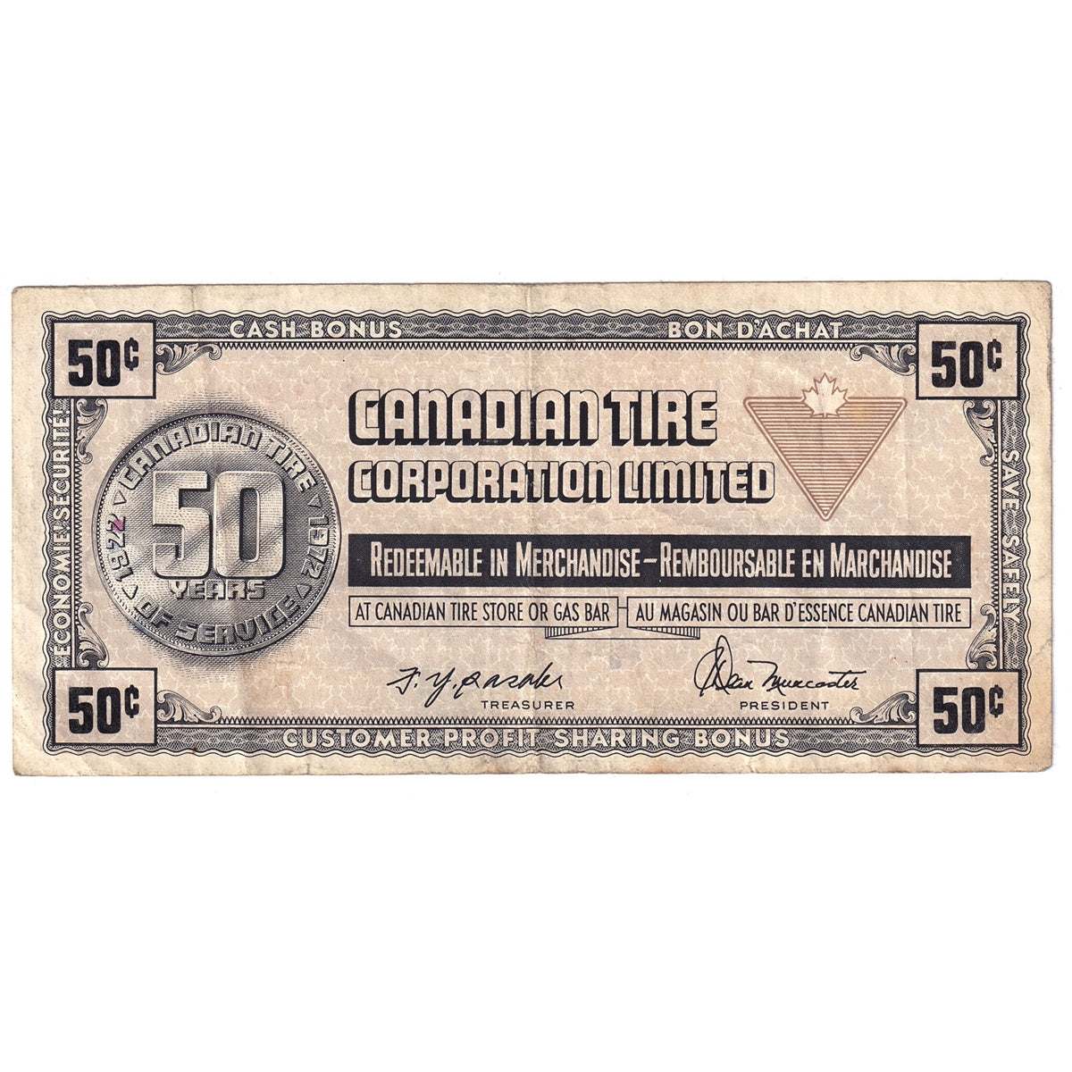S3-E-V 1972 Canadian Tire Coupon 50 Cents Very Fine