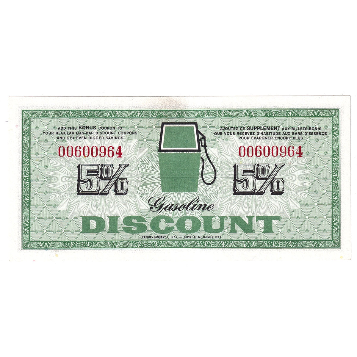FAGD5 1972 Canadian Tire Coupon 5% Discount Uncirculated