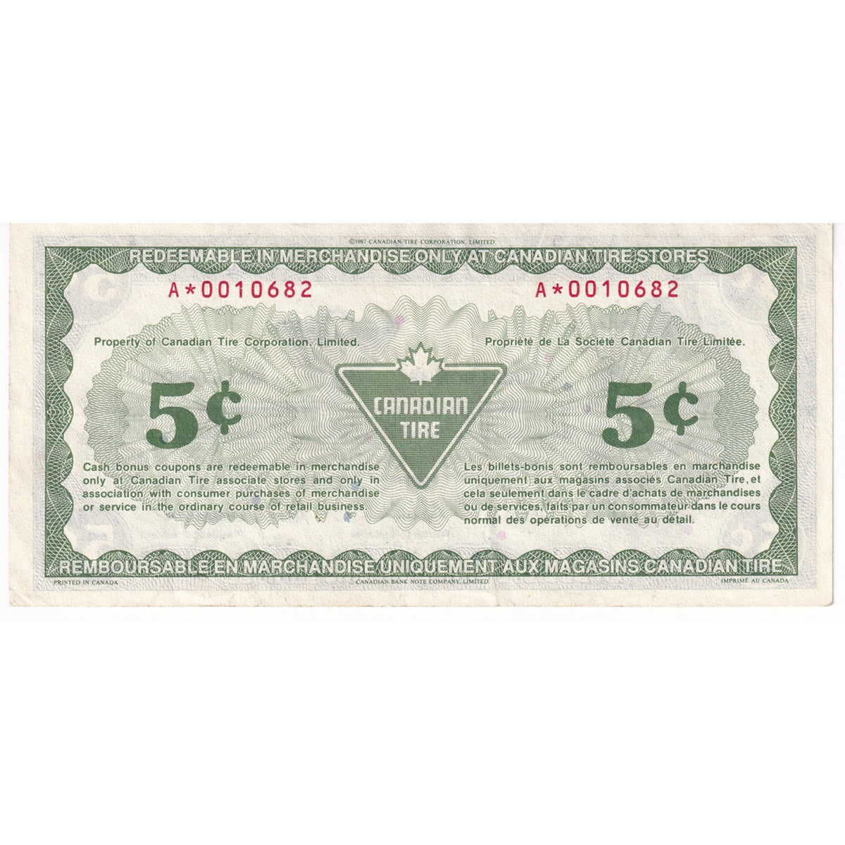 S9-Ba-A* Replacement 1985 Canadian Tire Coupon 5 Cents Extra Fine
