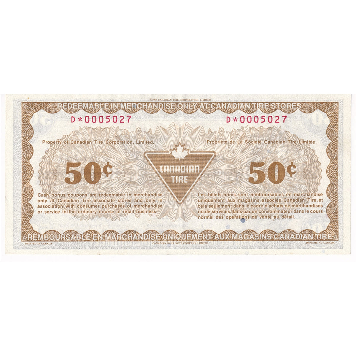 S9-Ea-D* Replacement 1987 Canadian Tire Coupon 50 Cents Extra Fine
