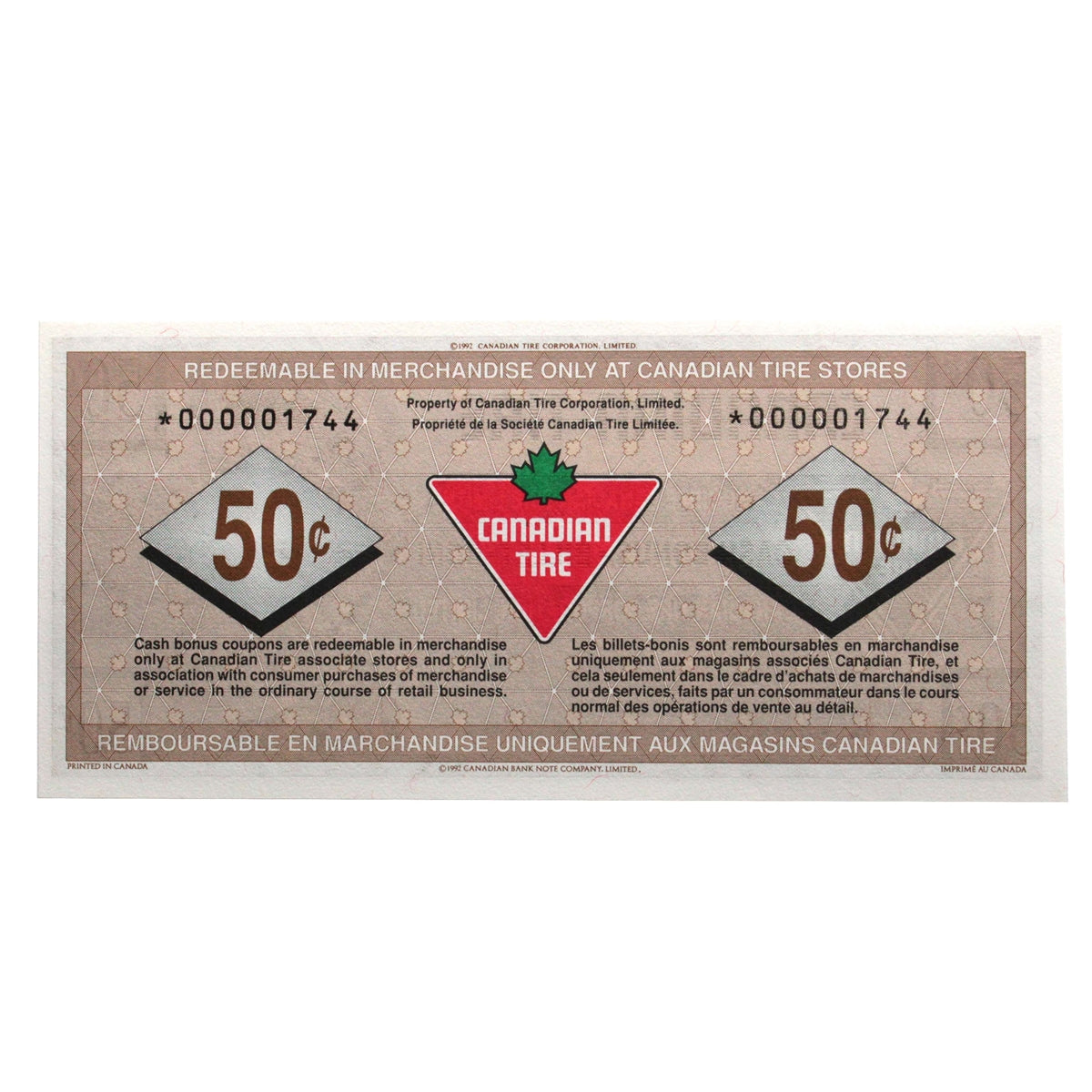 S17-Ea-*0 Replacement 1992 Canadian Tire Coupon 50 Cents Uncirculated