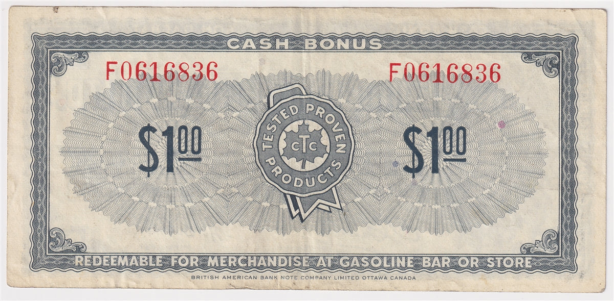 S1-F-F 1961 Canadian Tire Coupon $1.00 VF-EF