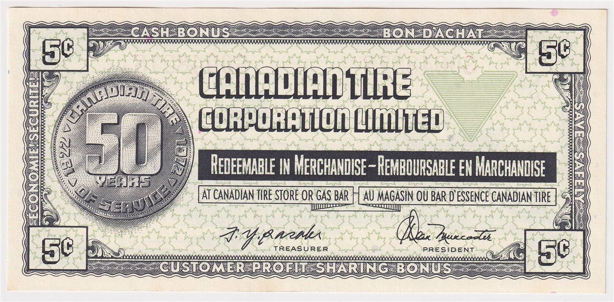 S2-B-S 1972 Canadian Tire Coupon 5 Cents Uncirculated