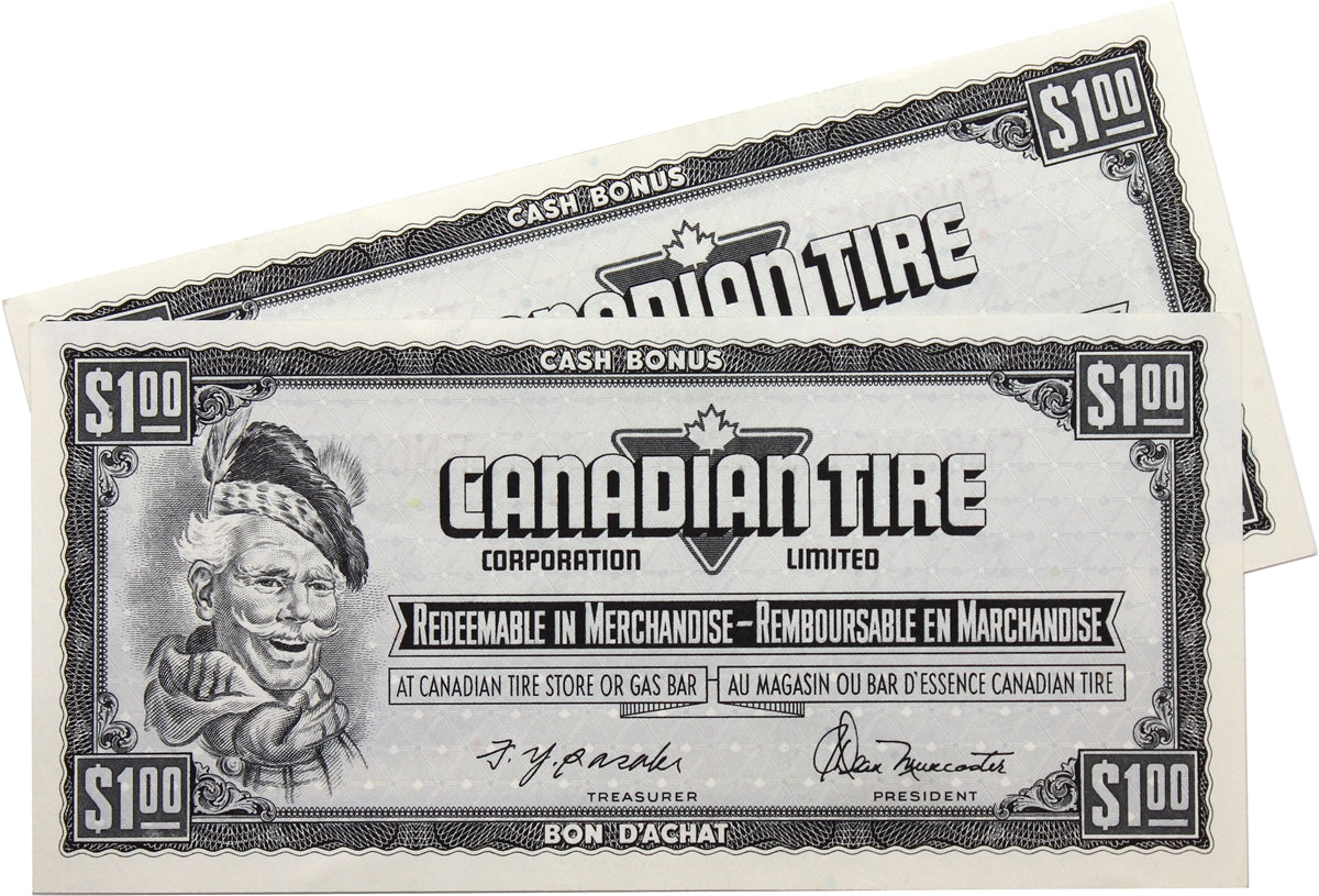 S4-F-FN 1974 Canadian Tire Coupon $1.00 Almost Uncirculated (Holes) 2 Notes