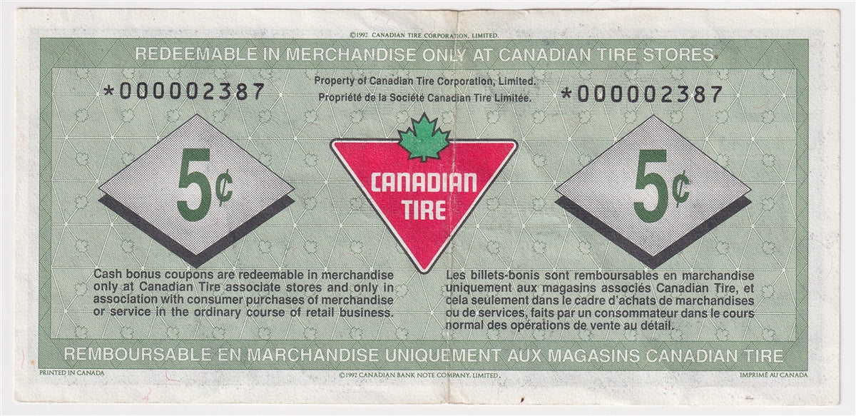 S17-Ba-*0 Replacement 1992 Canadian Tire Coupon 5 Cents Extra Fine