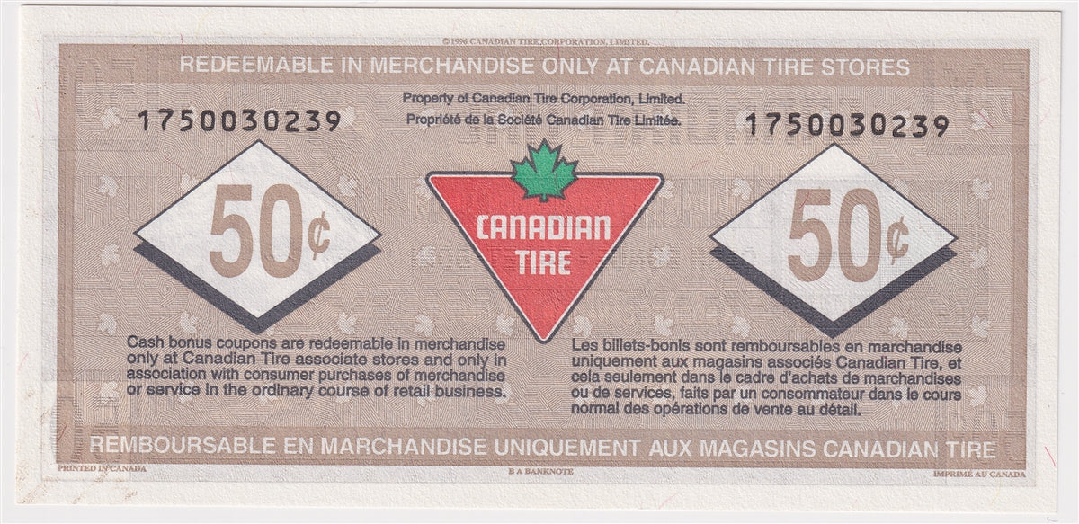 S18-Ea-175 Replacement 1996 Canadian Tire Coupon 50 Cents Uncirculated