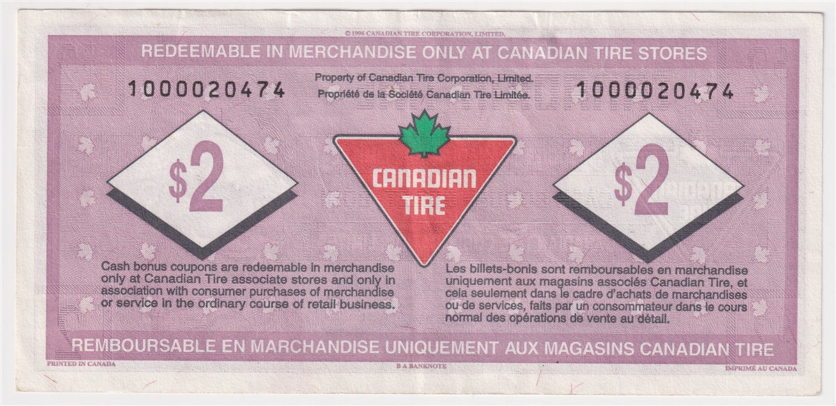 S21-Ga-10 Replacement 1996 Canadian Tire Coupon $2.00 Extra Fine