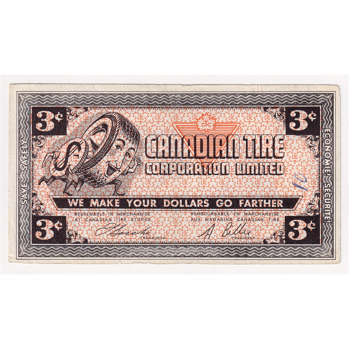 G2-C1 1962 Canadian Tire Coupon 3 Cents Extra Fine (Ink)