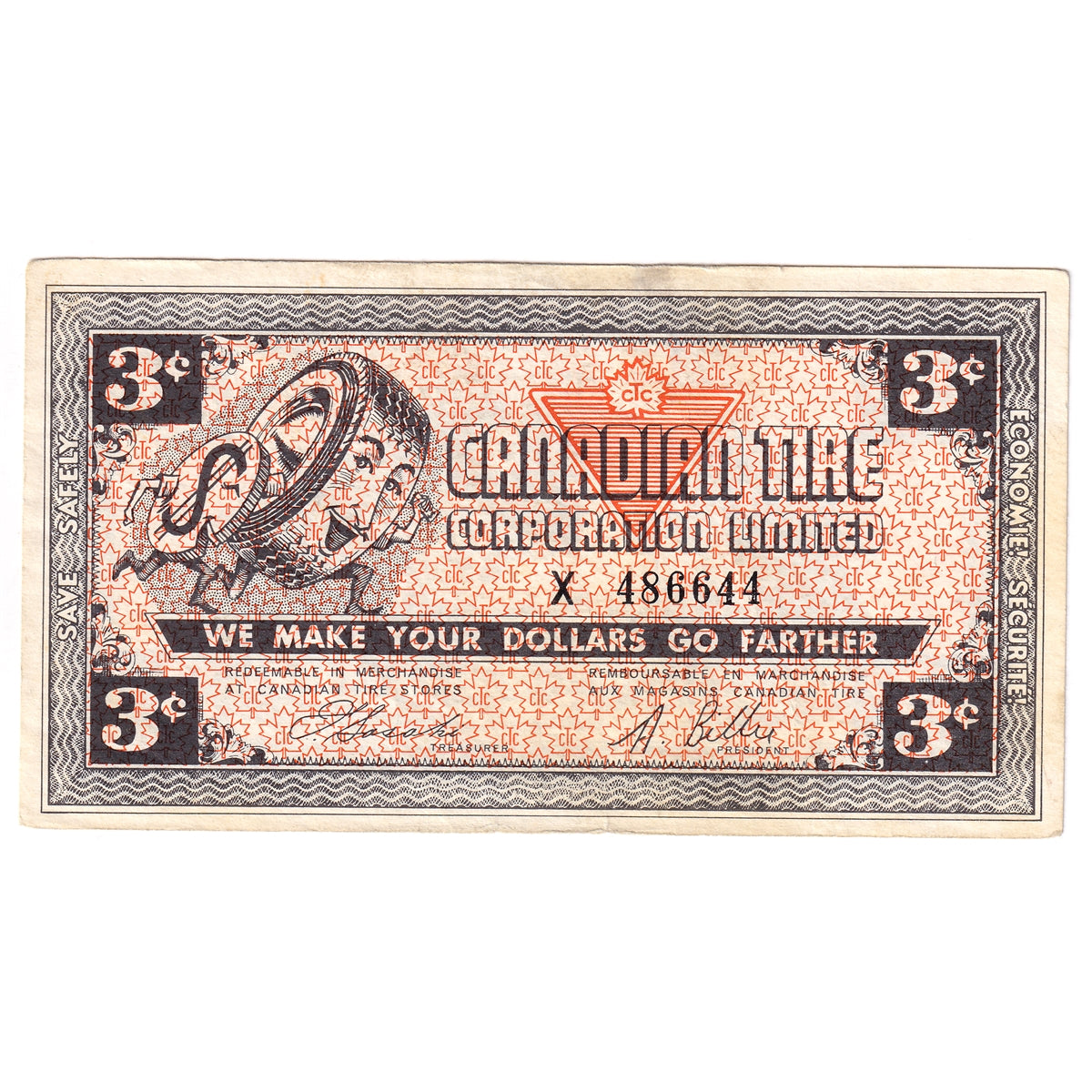 G3-C-X No Mor Power 1962 Canadian Tire Coupon 3 Cents EF-AU (Stain)