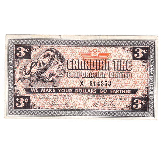 G3-C-X No Mor Power 1962 Canadian Tire Coupon 3 Cents VF-EF (Tears)