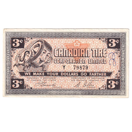 G3-C-Y No Mor Power 1962 Canadian Tire Coupon 3 Cents VF-EF (Ink)