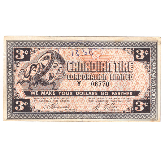 G3-C-Y No Mor Power 1962 Canadian Tire Coupon 3 Cents Very Fine (Ink and Tear)