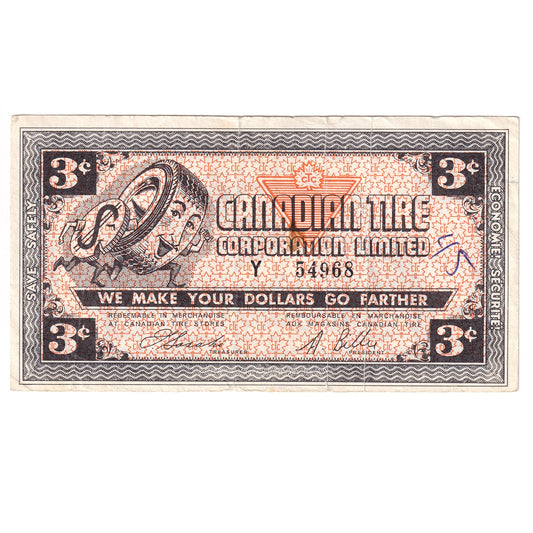 G3-C-Y No Mor Power 1962 Canadian Tire Coupon 3 Cents Very Fine (Ink and Stain)