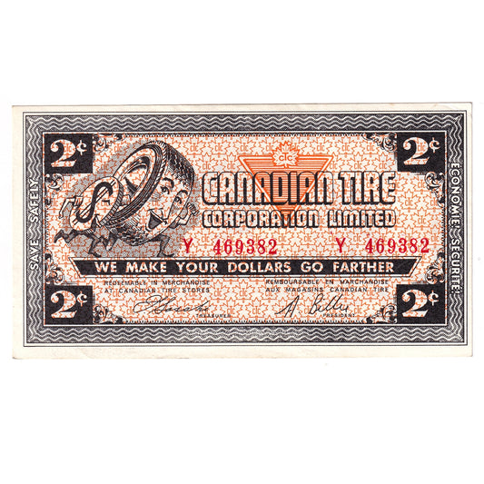 G4-B-Y 1962 Canadian Tire Coupon 2 Cents Almost Uncirculated