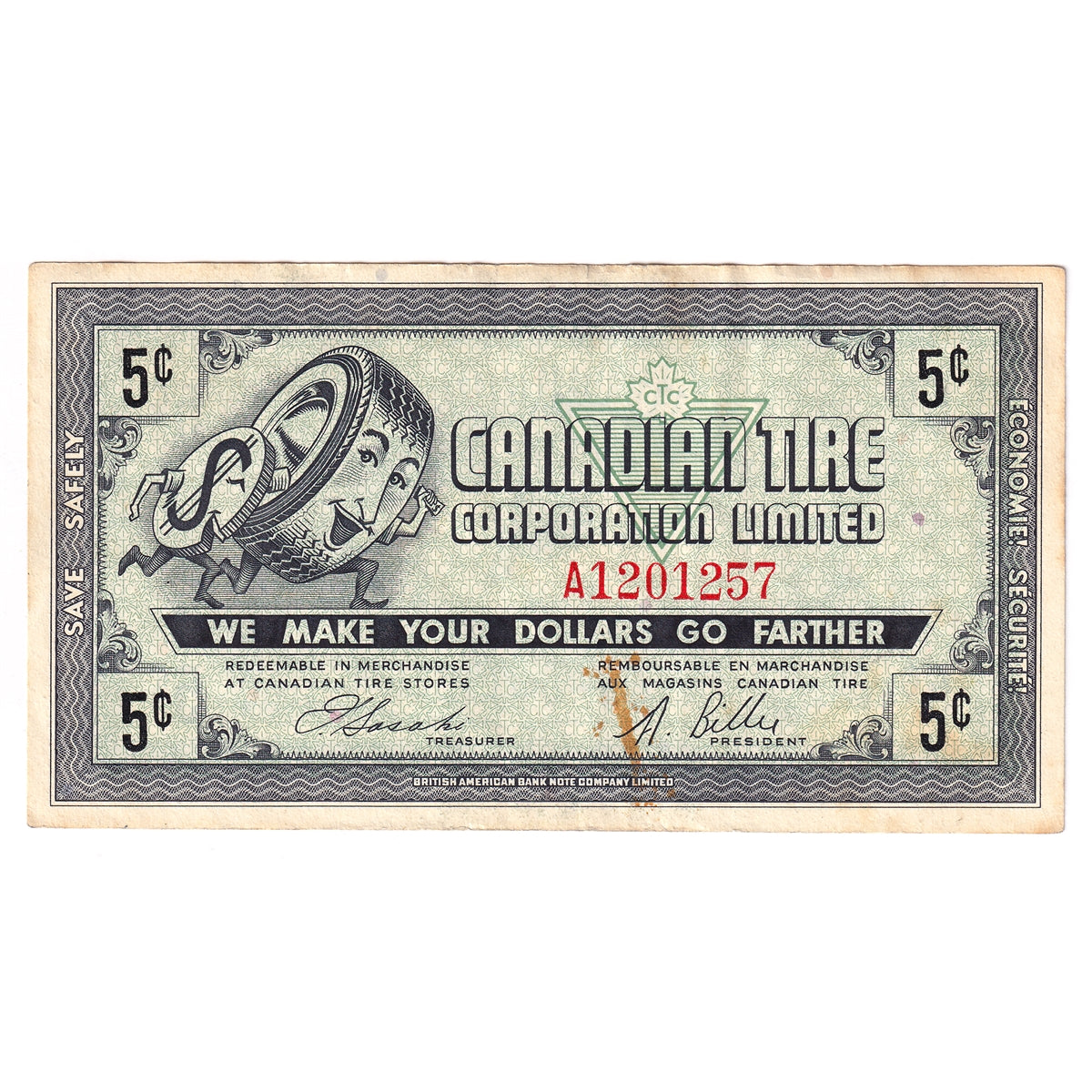 G6-A-A 1968 Canadian Tire Coupon 5 Cents VF-EF (Stain)