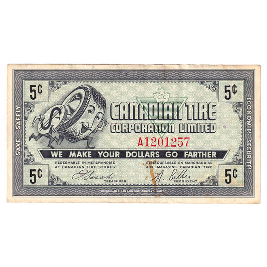 G6-A-A 1968 Canadian Tire Coupon 5 Cents VF-EF (Stain)