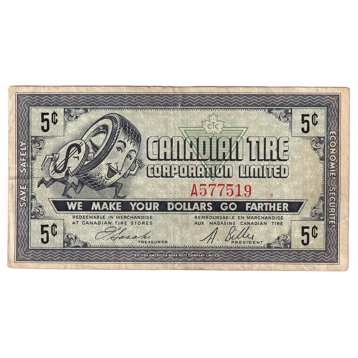 G6-A-A 1968 Canadian Tire Coupon 5 Cents Very Fine