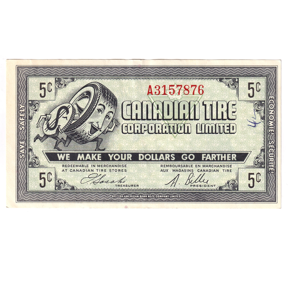 G7-A-A1 1972 Canadian Tire Coupon 5 Cents Almost Uncirculated (Ink)