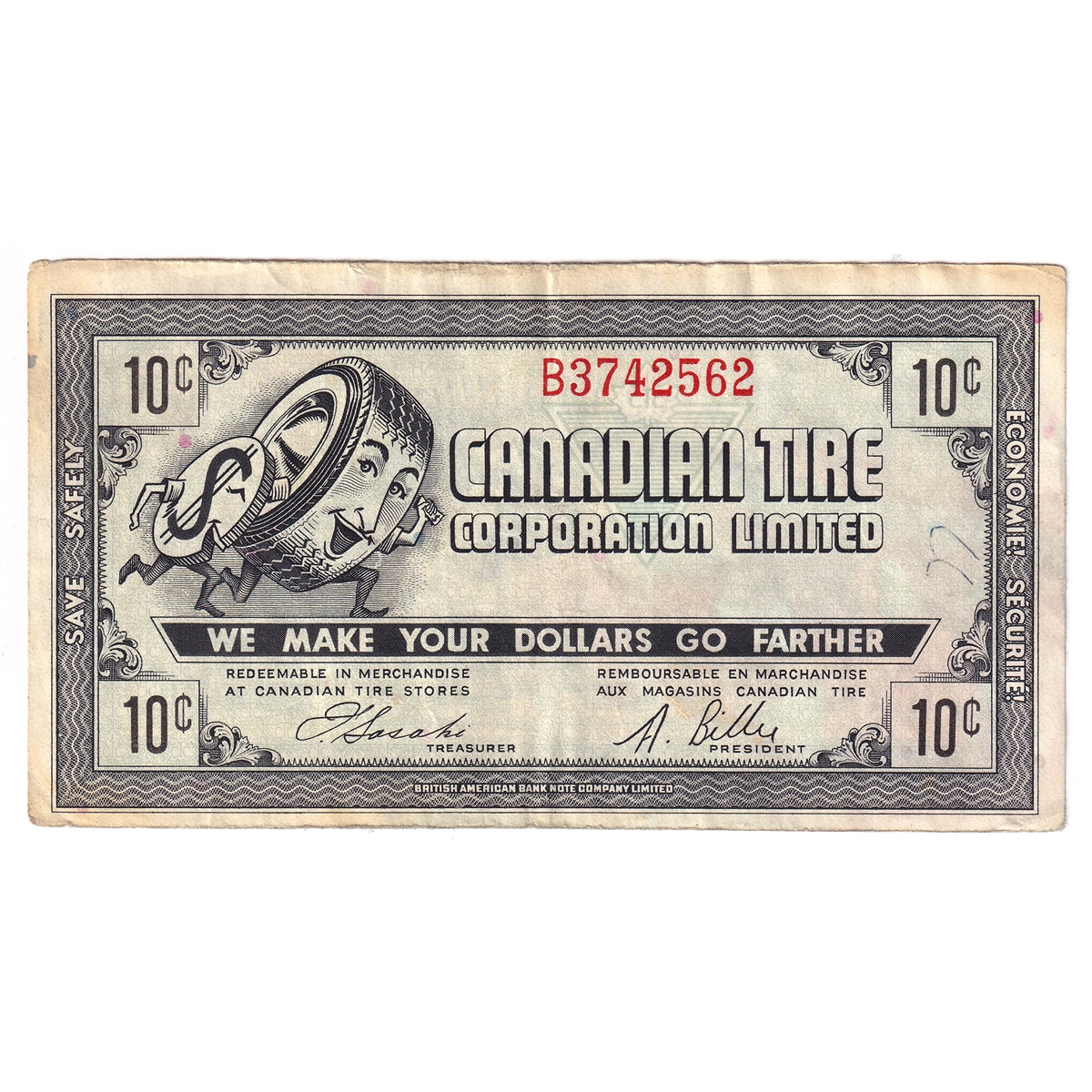 G7-B-B2 Narrow Font 1972 Canadian Tire Coupon 10 Cents F-VF (Ink)