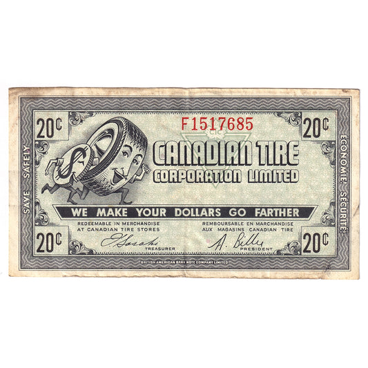 G7-D-F2 Narrow Font 1972 Canadian Tire Coupon 20 Cents Very Fine (Stain)