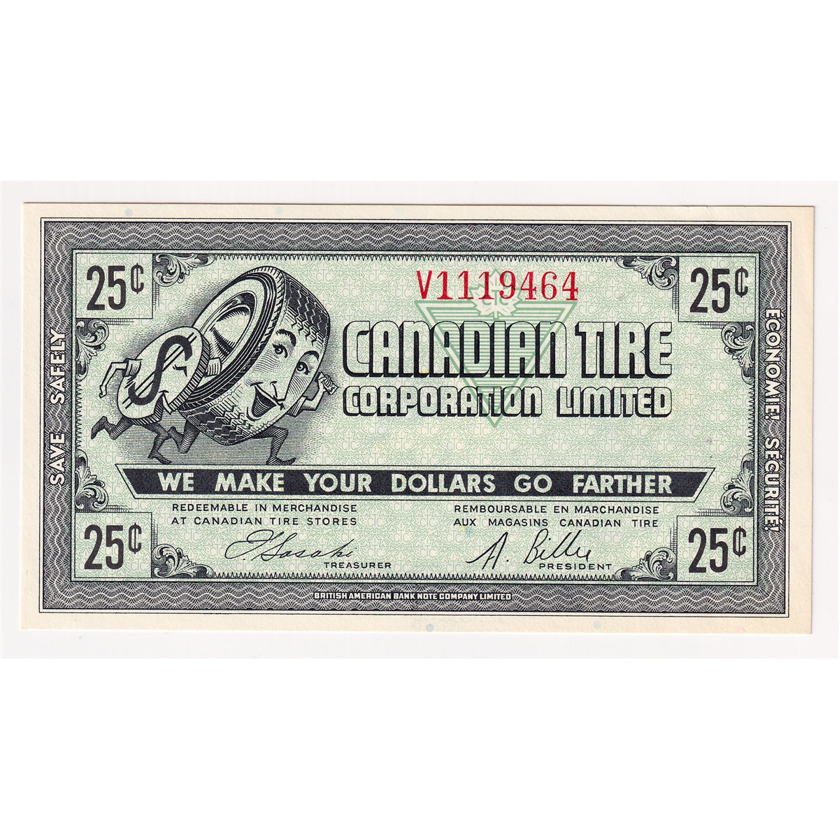 G7-E-V1 Plain V 1972 Canadian Tire Coupon 25 Cents Uncirculated