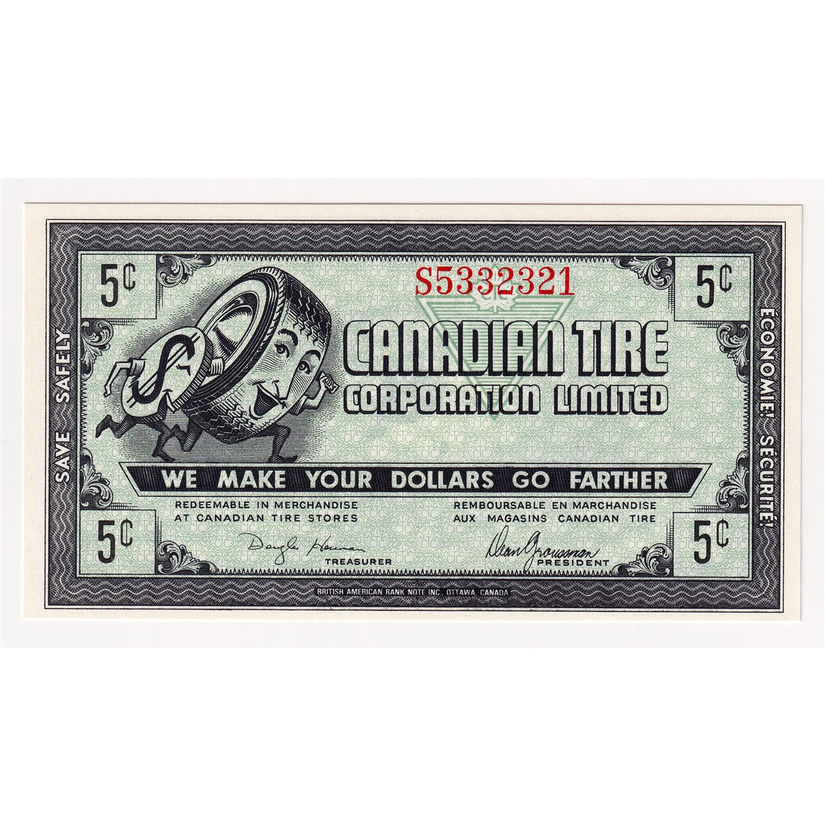 G9-A-S1 Large Serifs 1985 Canadian Tire Coupon 5 Cents Uncirculated