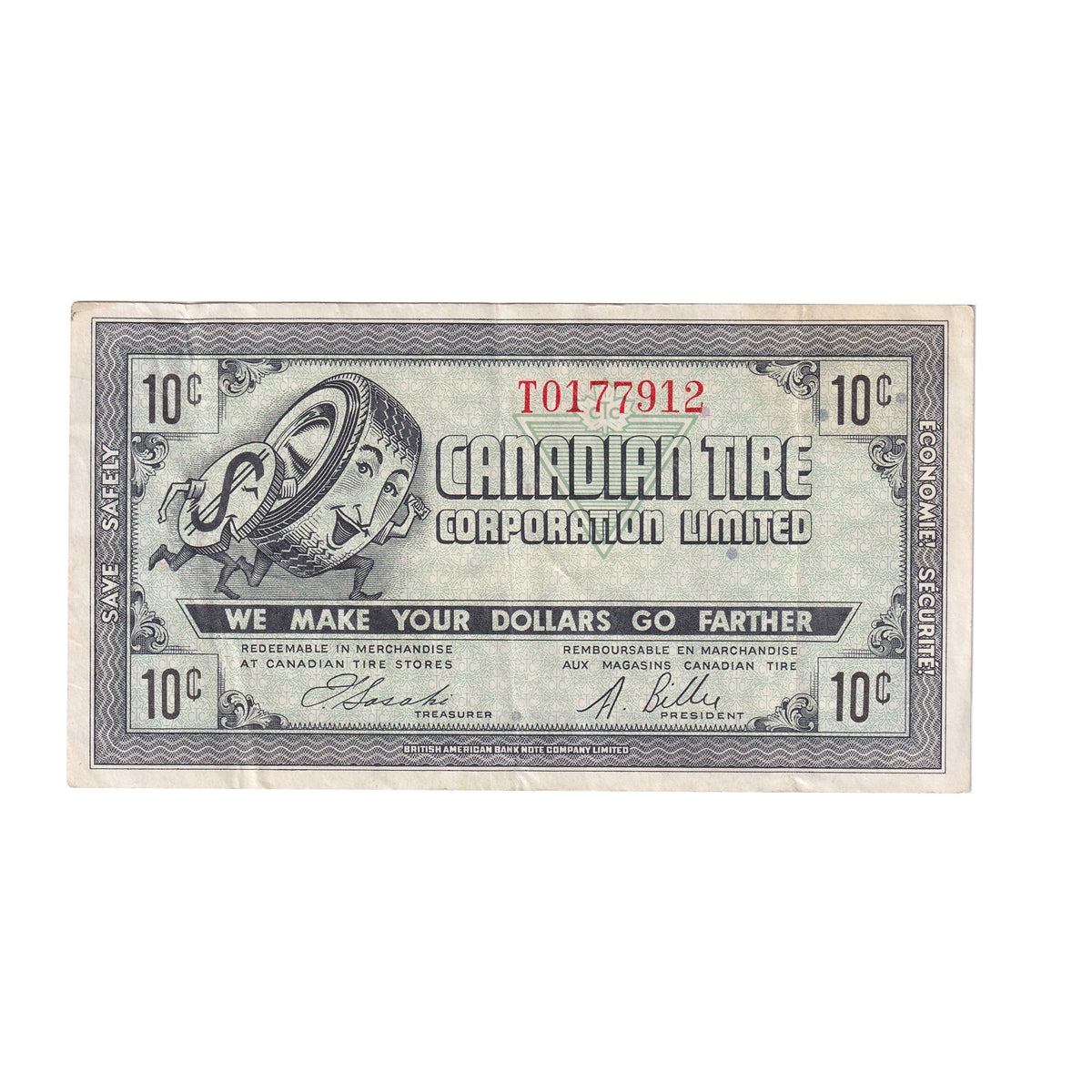 G7-B-T2 Small Serifs 1972 Canadian Tire Coupon 10 Cents Very Fine