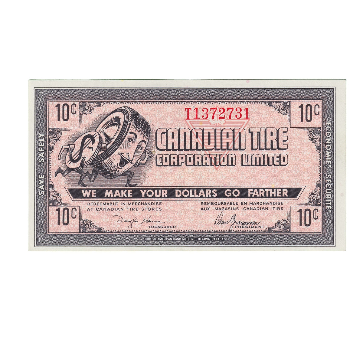 G9-B-T2 Small Serifs 1985 Canadian Tire Coupon 10 Cents AU-UNC