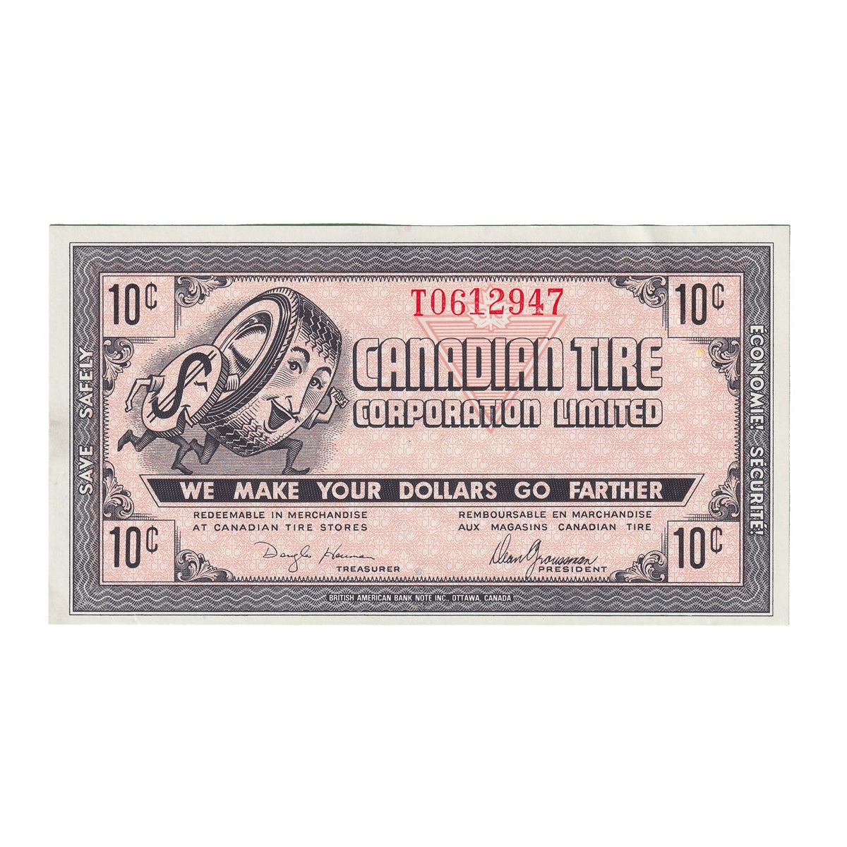 G9-B-T2 Small Serifs 1985 Canadian Tire Coupon 10 Cents Almost Uncirculated