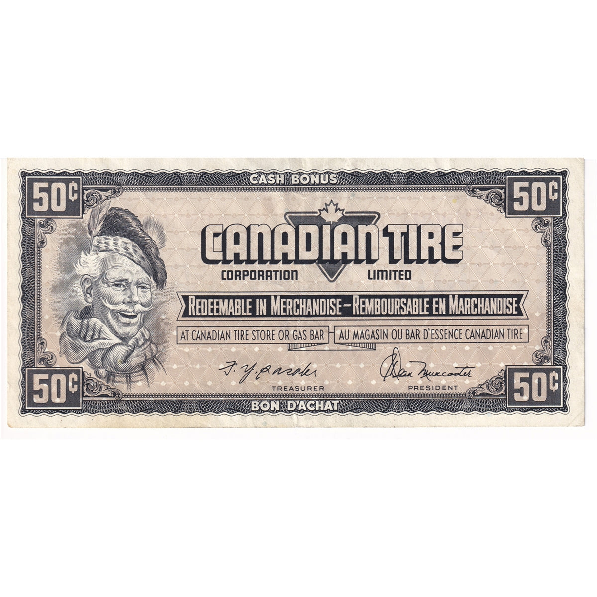 S4-Ea-*EN Replacement 1974 Canadian Tire Coupon 50 Cents Very Fine (Holes)