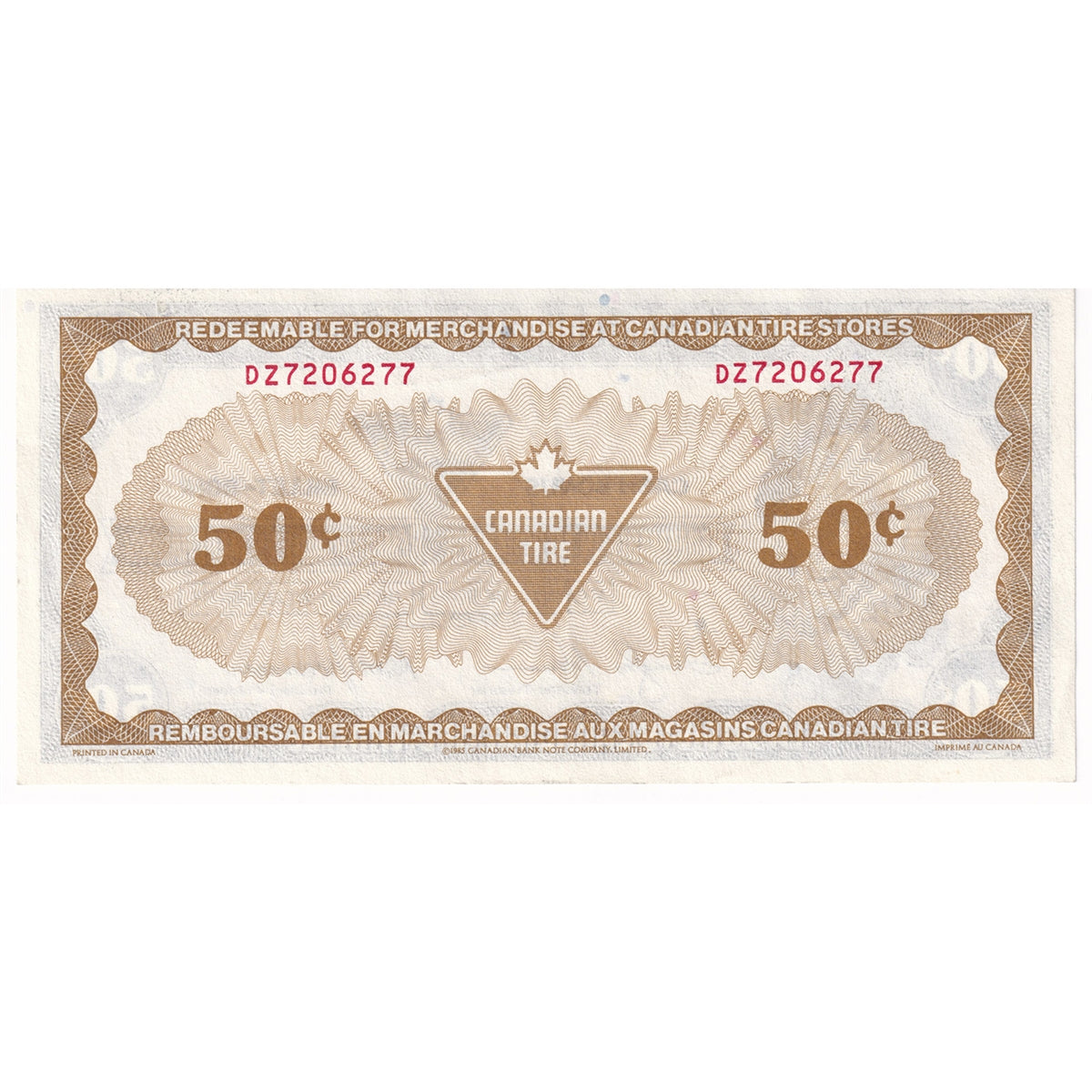 S8-E-DZ2 Black C 1985 Canadian Tire Coupon 50 Cents Almost Uncirculated