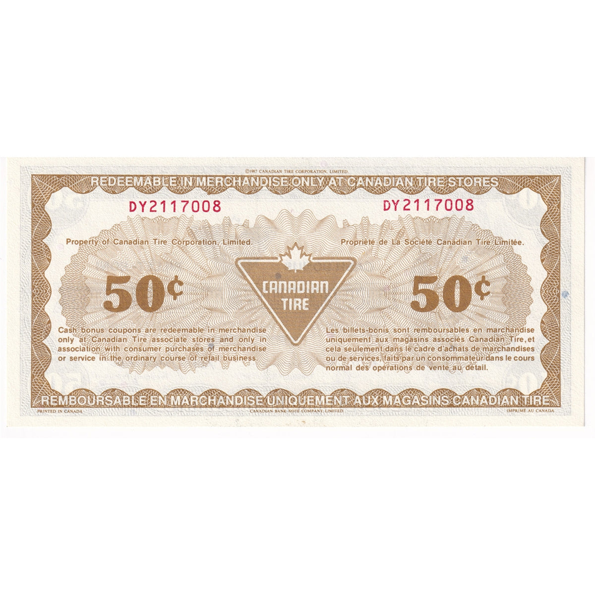 S9-E-DY 1987 Canadian Tire Coupon 50 Cents Uncirculated