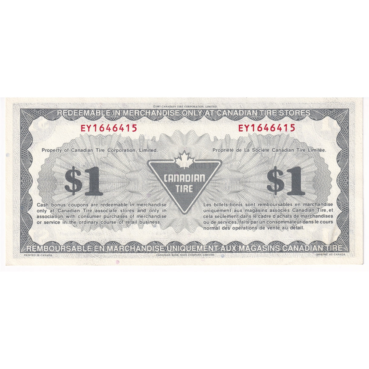 S9-F-EY 1987 Canadian Tire Coupon $1.00 AU-UNC