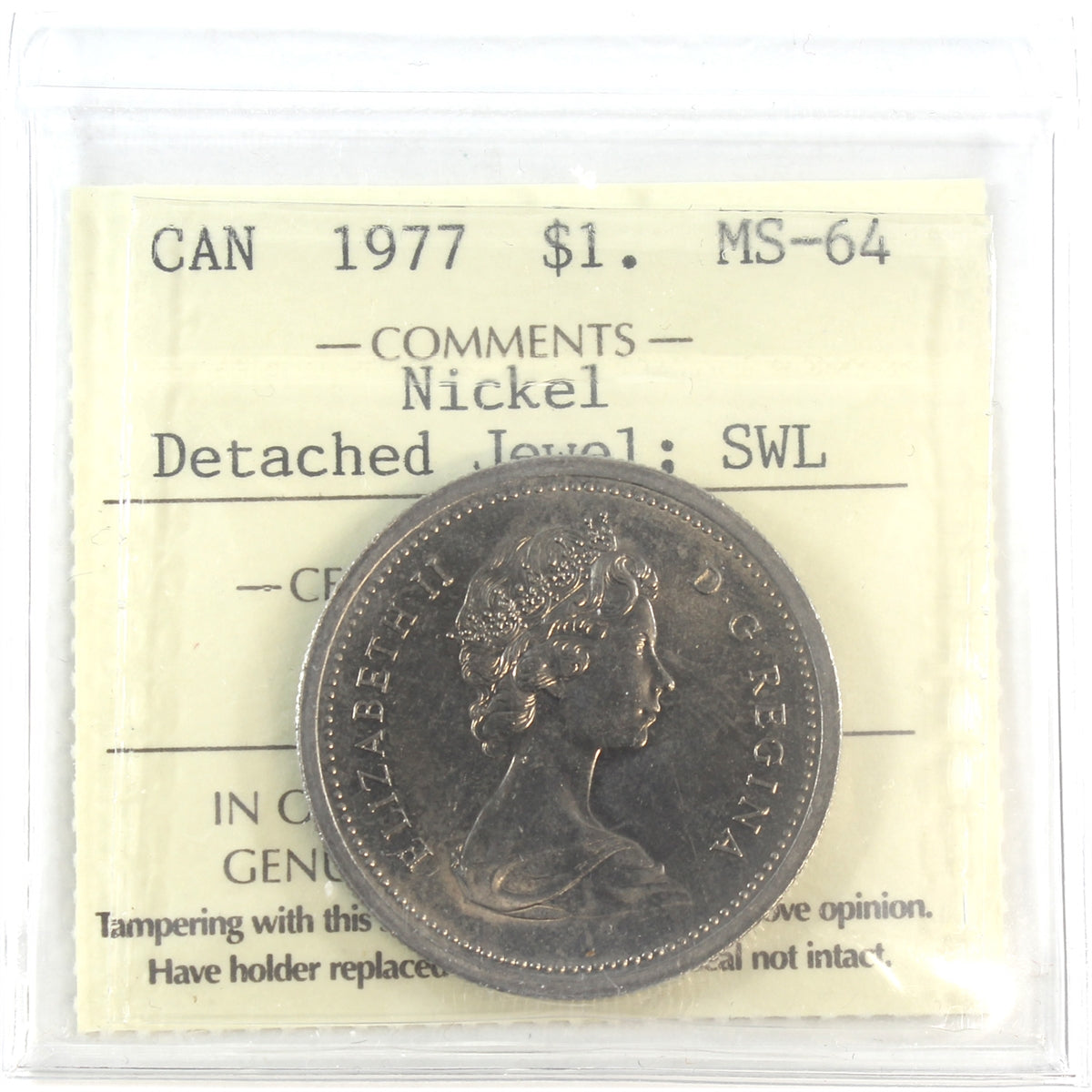 1977 SWL; Detached Jewel (Variety 3) Canada Nickel Dollar ICCS Certified MS64