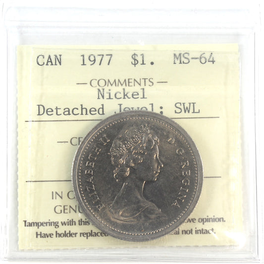 1977 SWL; Detached Jewel (Variety 3) Canada Nickel Dollar ICCS Certified MS64