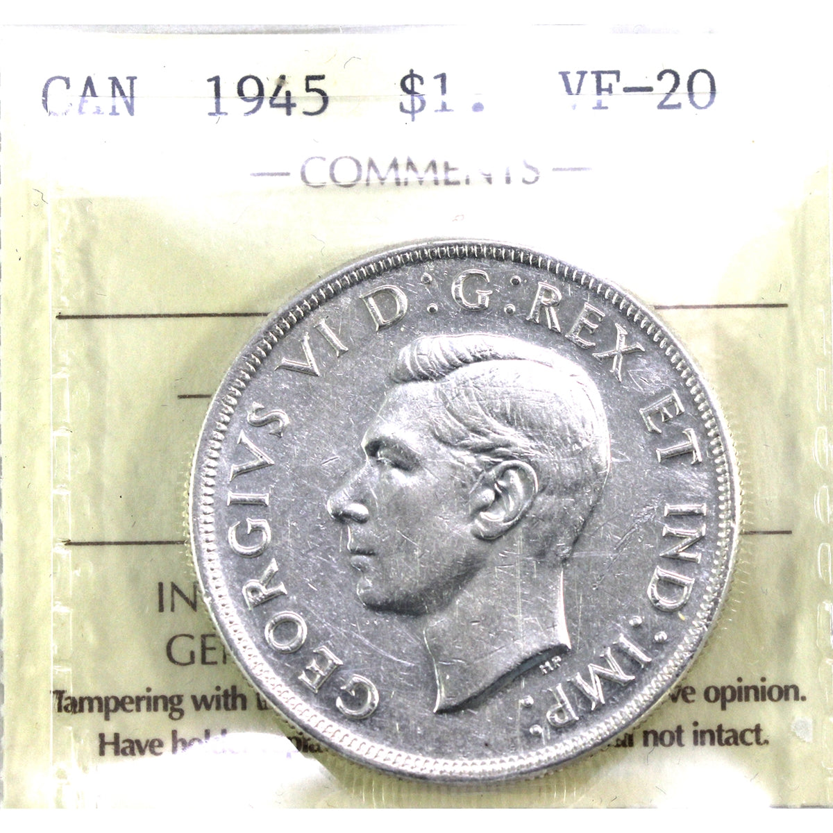 1945 Canada Dollar ICCS Certified VF20