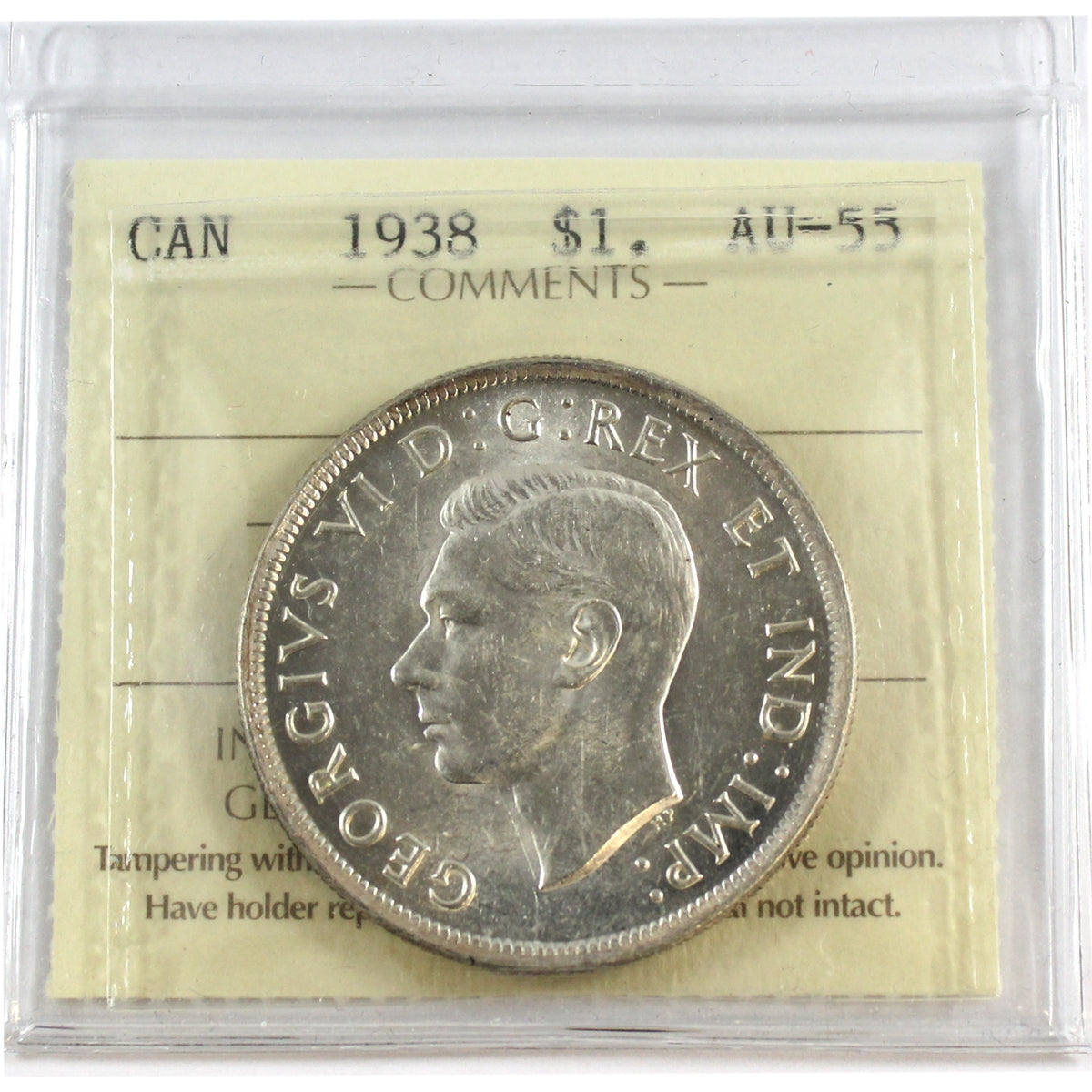 1938 Canada Dollar ICCS Certified AU55