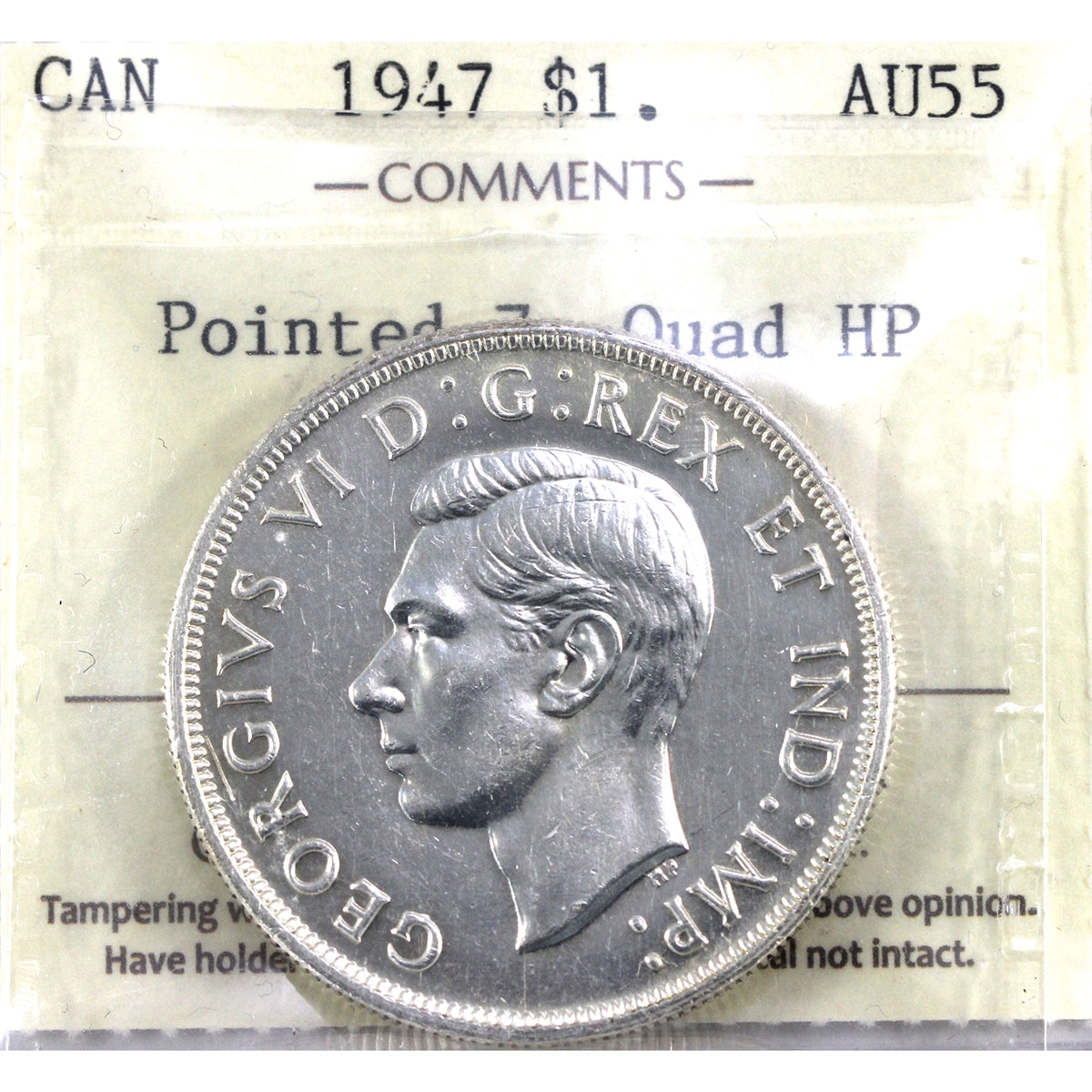 1947 Pointed 7 Quadruple Punch HP Canada Dollar ICCS Certified AU55 (XCE 527)