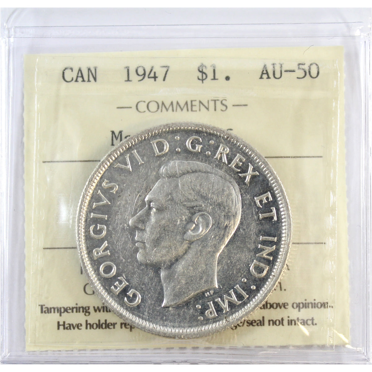 1947 Maple Leaf Canada Dollar ICCS Certified AU50