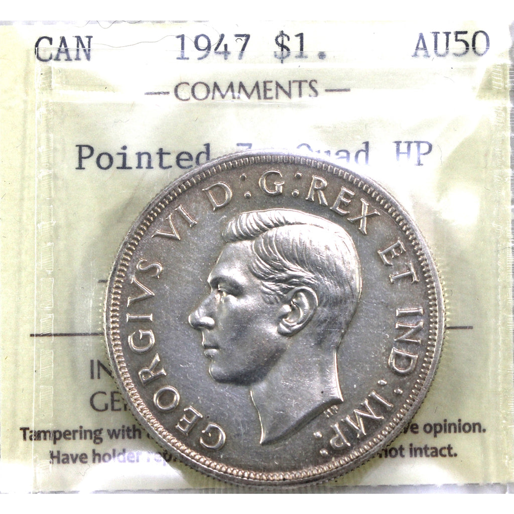 1947 Pointed 7 Quadruple Punched HP Canada Dollar ICCS Certified AU50