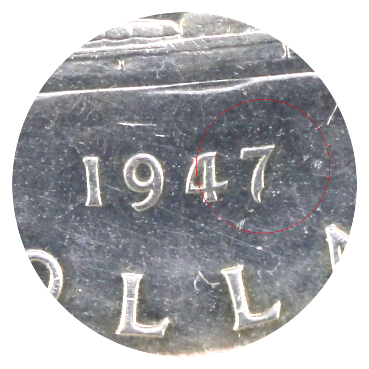 1947 Pointed 7 Quadruple Punched HP Canada Dollar ICCS Certified AU50