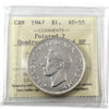 1947 Pointed 7; Quadruple Punched HP Canada Dollar ICCS Certified AU55